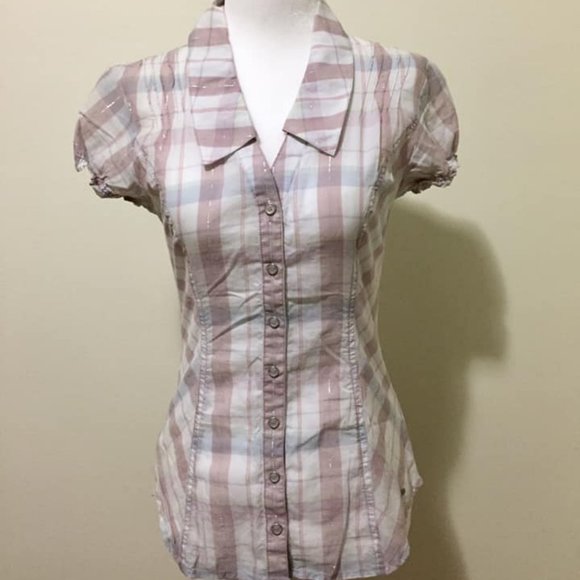 π3/$15π Guess Plaid Pastel Shortsleeve Blouse XS